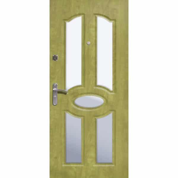 טפט לדלת. ציפוי מגנטי לדלת כניסה דגם שרלוק, דמוי עץ בצבע ירוק בהיר ביחד עם גוון צהוב וחלונות מרובים