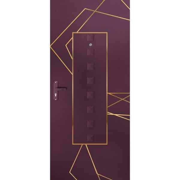 טפט לדלת. ציפוי מגנטי לדלת כניסה דגם ליאור, צבע סגול ועליו צורות גאומטריות גדולות בצבע דמוי זהב