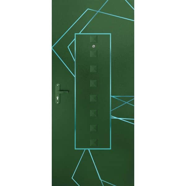 טפט לדלת. ציפוי מגנטי לדלת כניסה דגם ליאור, צבע ירוק ועליו צורות גאומטריות גדולות בצבע אולטרה כחול