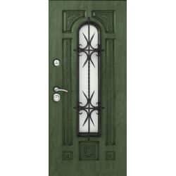 טפט לדלת. ציפוי מגנטי לדלת כניסה דגם ליאל, ירוק כהה עם חלון, מסביבו דמוי שקעיים ועל החלון פסים שחורים ועיטורים