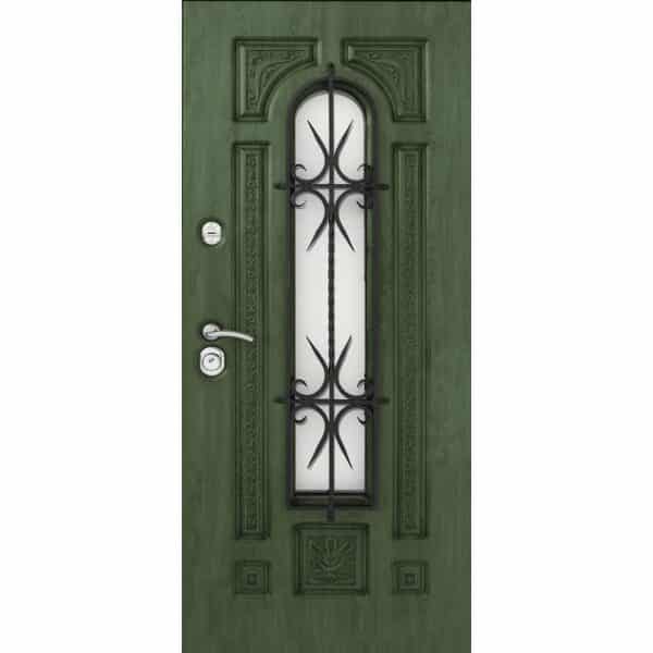 טפט לדלת. ציפוי מגנטי לדלת כניסה דגם ליאל, ירוק כהה עם חלון, מסביבו דמוי שקעיים ועל החלון פסים שחורים ועיטורים