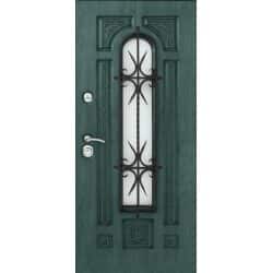 טפט לדלת. ציפוי מגנטי לדלת כניסה דגם דפנה, צבע טורקיז עם חלון ועיטורים בצבע אפור על החלון