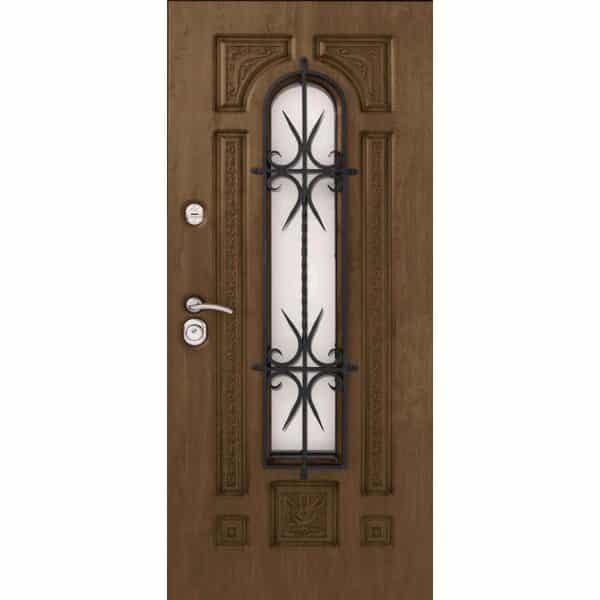 טפט לדלת. ציפוי מגנטי לדלת כניסה דגם דפנה, צבע חום עץ עם חלון ועיטורים בצבע אפור על החלון