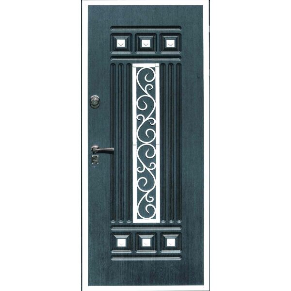 טפט לדלת. ציפוי מגנטי לדלת כניסה דגם שירן, בצבע כחול עם שקעים ועיטירים בצבע כסף באמצע