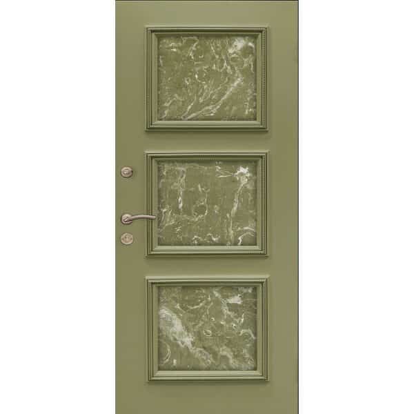 טפט לדלת. ציפוי מגנטי לדלת כניסה דגם שיראז, צבע ירוק זית, עם קרניזים ובפנים דמוי שיש לבן