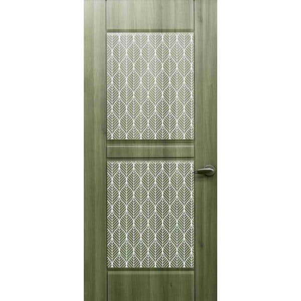 טפט לדלת. ציפוי מגנטי לדלת כניסה דגם לואיזה, עץ ירוק זית ושני ריבועים עם צורות שמזכירות עלים בצבע ירוק זית על רקע לבן