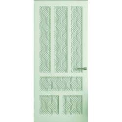 טפט לדלת. ציפוי מגנטי לדלת כניסה דגם דייזי, בצבע לבן עם דמוי שקעים ובהם ציור גאומטרי בצבע ירוק