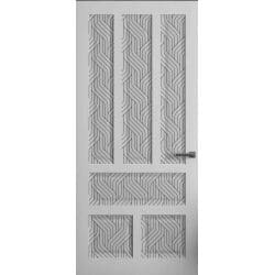 טפט לדלת. ציפוי מגנטי לדלת כניסה דגם דייזי, בצבע לבן עם דמוי שקעים ובהם ציור גאומטרי בצבע שחור