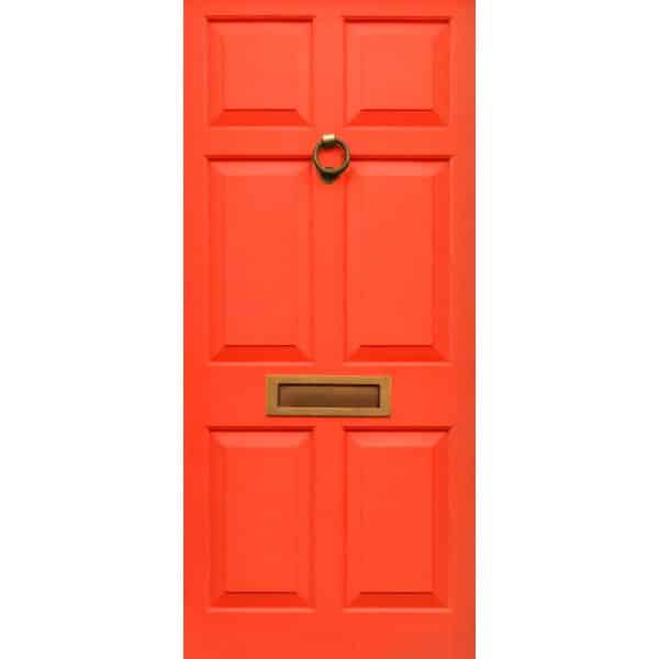 טפט לדלת. ציפוי מגנטי לדלת כניסה דגם דניאל, בצבע כתום מיוחד עם תדפיס של תיבת דואר וידית דפיקה