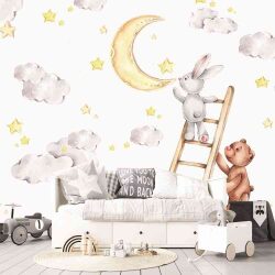 טפט לחדר תינוקות lullaby ציור מים של ארנב מטפס לירח על סולם ודובי עוזר לו, בלילה זרוע כוכבים.