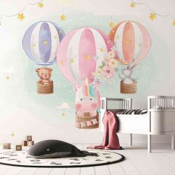 טפט חדר תינוקות lullaby ארנב, חד קרן ודובי ממריאים בכדורים פורחים צבעוניים