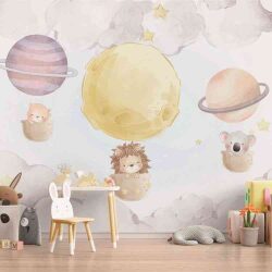 טפט חדר תינוקות lullaby גור חתולים, אריה וקואלה עפים בתוך ספלים הרתומים לכוכבים