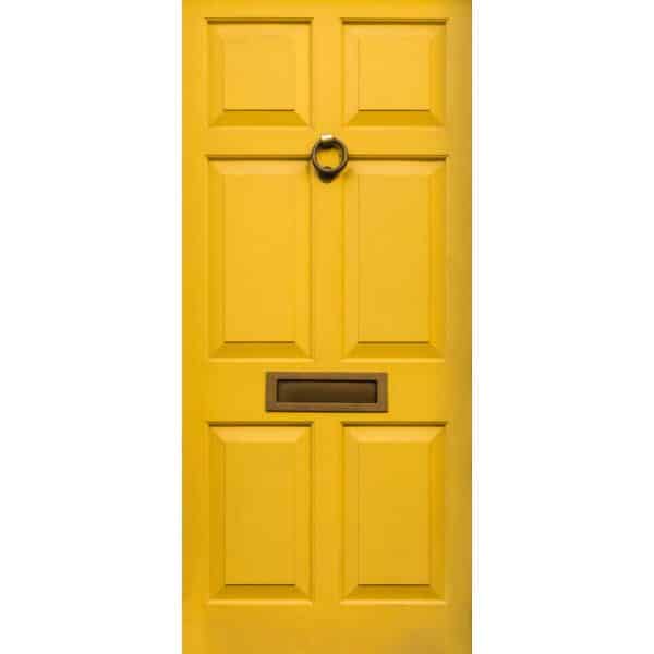 טפט לדלת. ציפוי מגנטי לדלת כניסה דגם דניאל, בצבע צהוב עם תדפיס של תיבת דואר וידית דפיקה