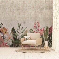 טפט פרחים וצמחים על רקע קיר עם עיטור תלת מימדי