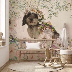 טפט ציור בצבעי מים, של חתול, כלב ופרחים