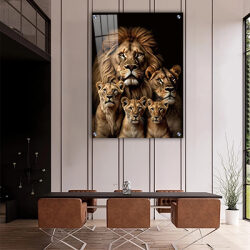 A-91 תמונת זכוכית או קנבס של אריה, לביאה וגורים לסלון או חדר שינה