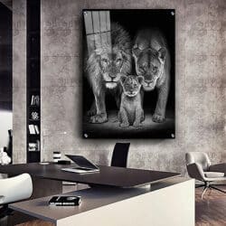 A-93 תמונה של אריה, לביאה וגור לסלון או חדר שינה על קנבס או זכוכית