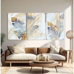 שלישיית תמונות זכוכית “רוח זהב בין העלים” גוונים אפור וזהב