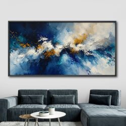 תמונת קנבס לסלון בסגנון אבסטרקט “סערה זהבית” גוון כחול