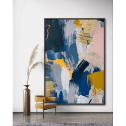תמונת קנבס לסלון בסגנון אבסטרקט “ריקוד הצבעים” עם דגש על צבע כחול