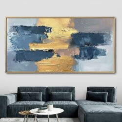 תמונת קנבס לסלון בסגנון אבסטרקט “מגע זהב” גוונים זהב/כחול