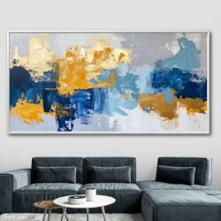 תמונת קנבס לסלון בסגנון אבסטרקט “שיח צבעים” גוונים זהב/כחול