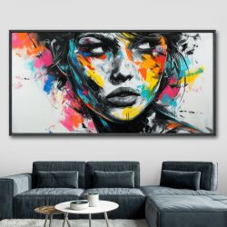 תמונת קנבס לסלון הורסת “מבט לצד” פרצוף במריחות צבע צבעוניות
