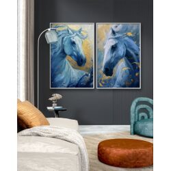 “זוג סוסים” גוונים כחול וצהוב בהדפס על קנבס