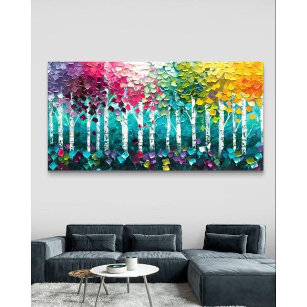 תמונת קנבס צבעונית לסלון בסגנון עצים “מוזיקת היער הקסום”
