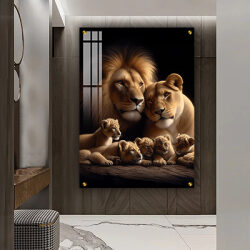 A-108 תמונה של אריה, לביאה וגורים להדפסה על קנבס או זכוכית