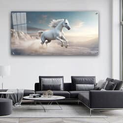 A-178 תמונה של סוס לבן דוהר על קנבס או זכוכית