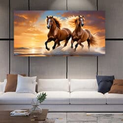 A-179 ציור של סוסים דוהרים בשקיעה על קנבס או זכוכית