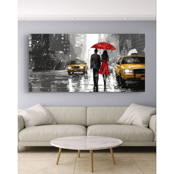 תמונת קנבס לסלון בסגנון רומנטי “צלילי העיר בגשם”
