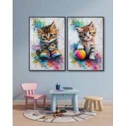 זוג תמונות קנבס צבעונית לחדר ילדים “חתולים בצמרת”