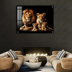 A-112 תמונה של אריה, לביאה וגורים להדפסה על קנבס או זכוכית
