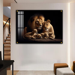 A-118 תמונה של אריה, לביאה וגורים להדפסה על קנבס או זכוכית
