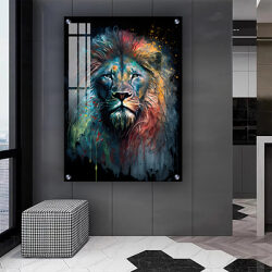 A-145 ציור של אריה צבעוני לסלון או חדר שינה על קנבס או זכוכית מחוסמת